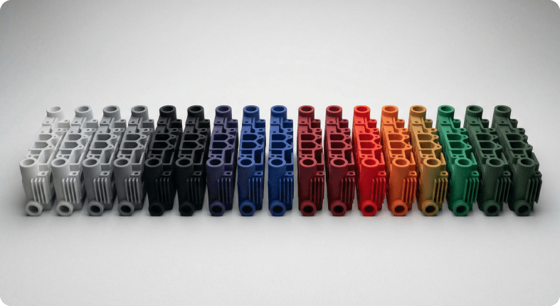 Color lineup of 3D printed production parts
