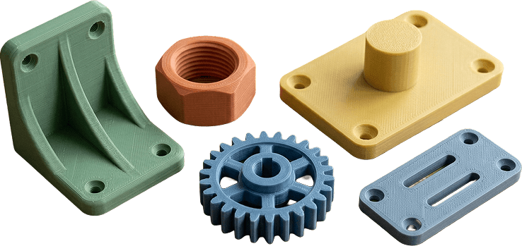 Colorful 3D printed parts including green L-bracket, blue block, red nut, orange gear, yellow clamp, and teal base